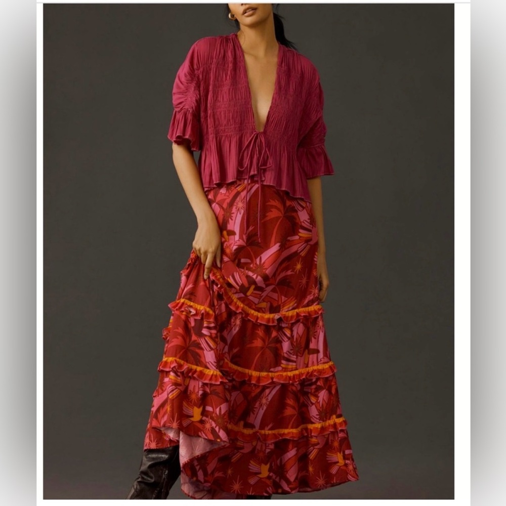 FARM Rio Shirred Tiered Ruffle Maxi Skirt Pink Orange